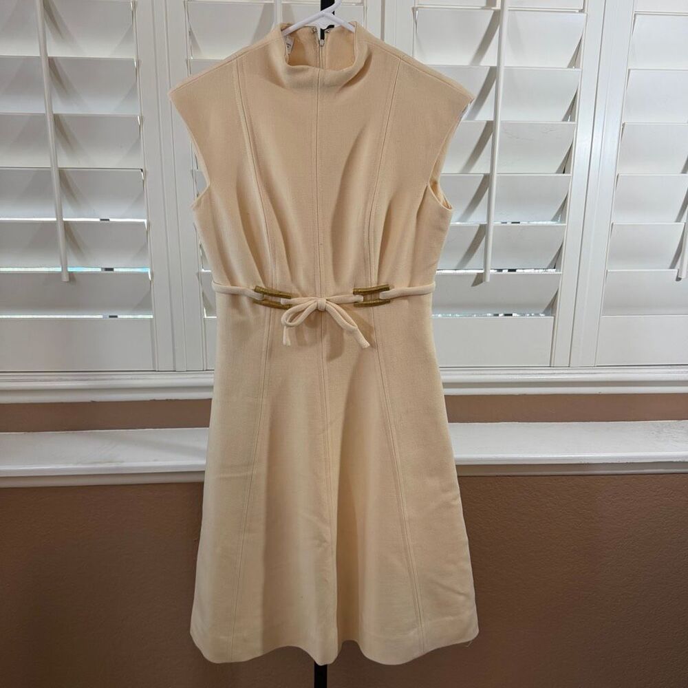 Vintage 60s Mod Cream Wool A-Line Dress Gold Hardware Sz S Old Hollywood Glam